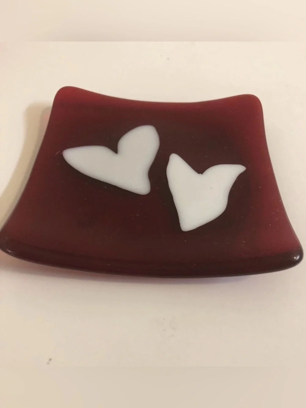 Red Fused Glass Trinket Dish with White Heart Accents